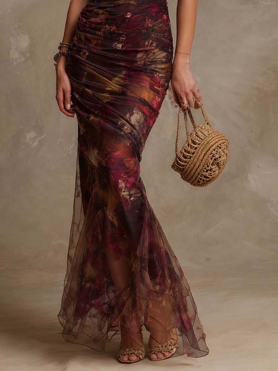 Vintage Floral Off-Shoulder Ruched Mesh Mermaid Maxi Gown