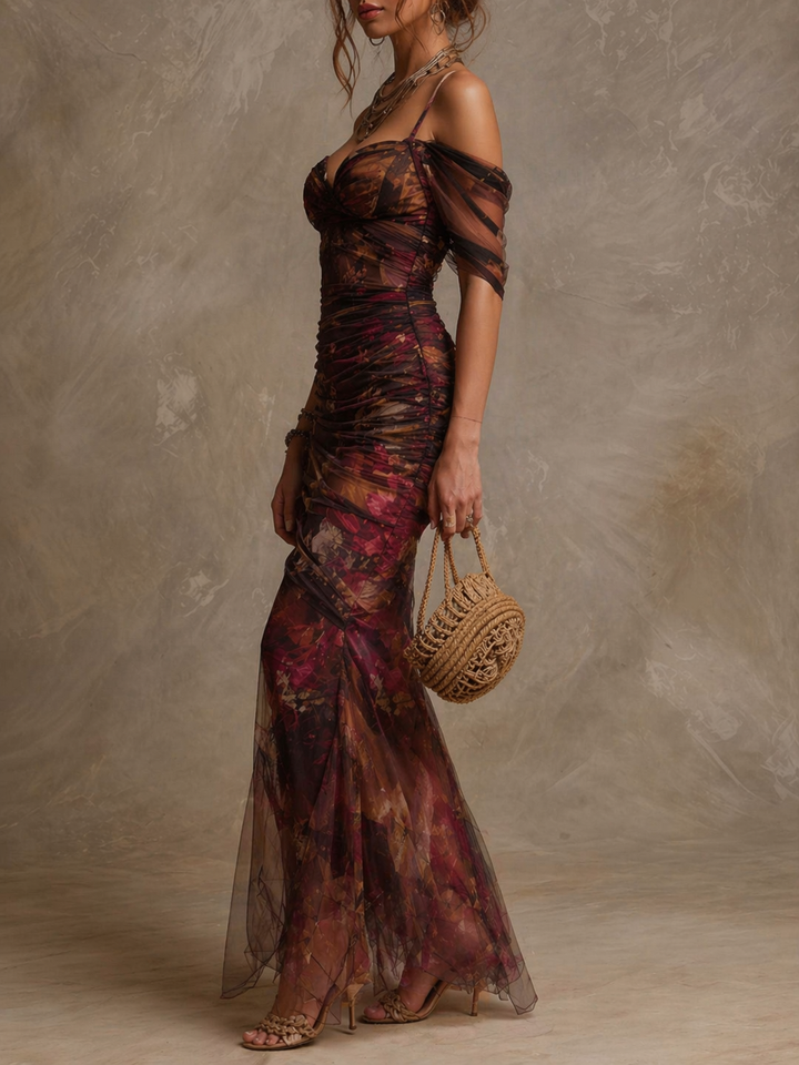 Vintage Floral Off-Shoulder Ruched Mesh Mermaid Maxi Gown