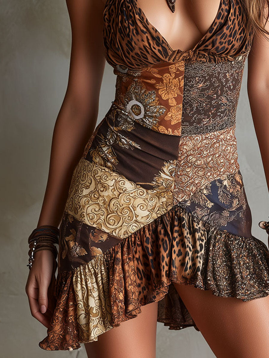 Boho Mini Dress with Leopard and Baroque Prints and Hem Stitch Details