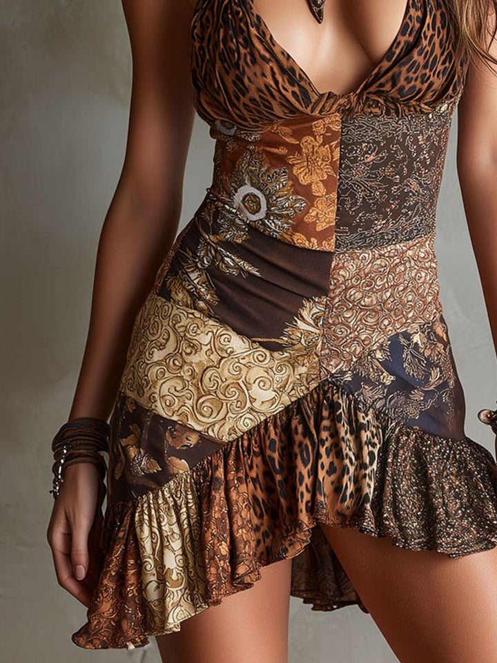 Boho Mini Dress with Leopard and Baroque Prints and Hem Stitch Details