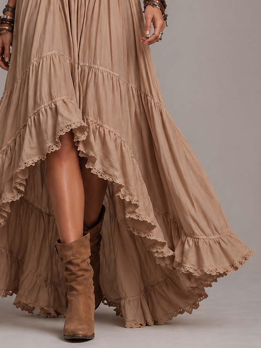 Cotton Long Bohemian Maxi Dress with Neck Tie