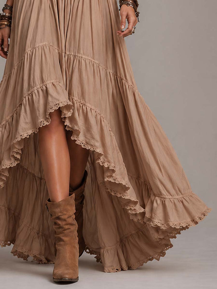 Cotton Long Bohemian Maxi Dress with Neck Tie