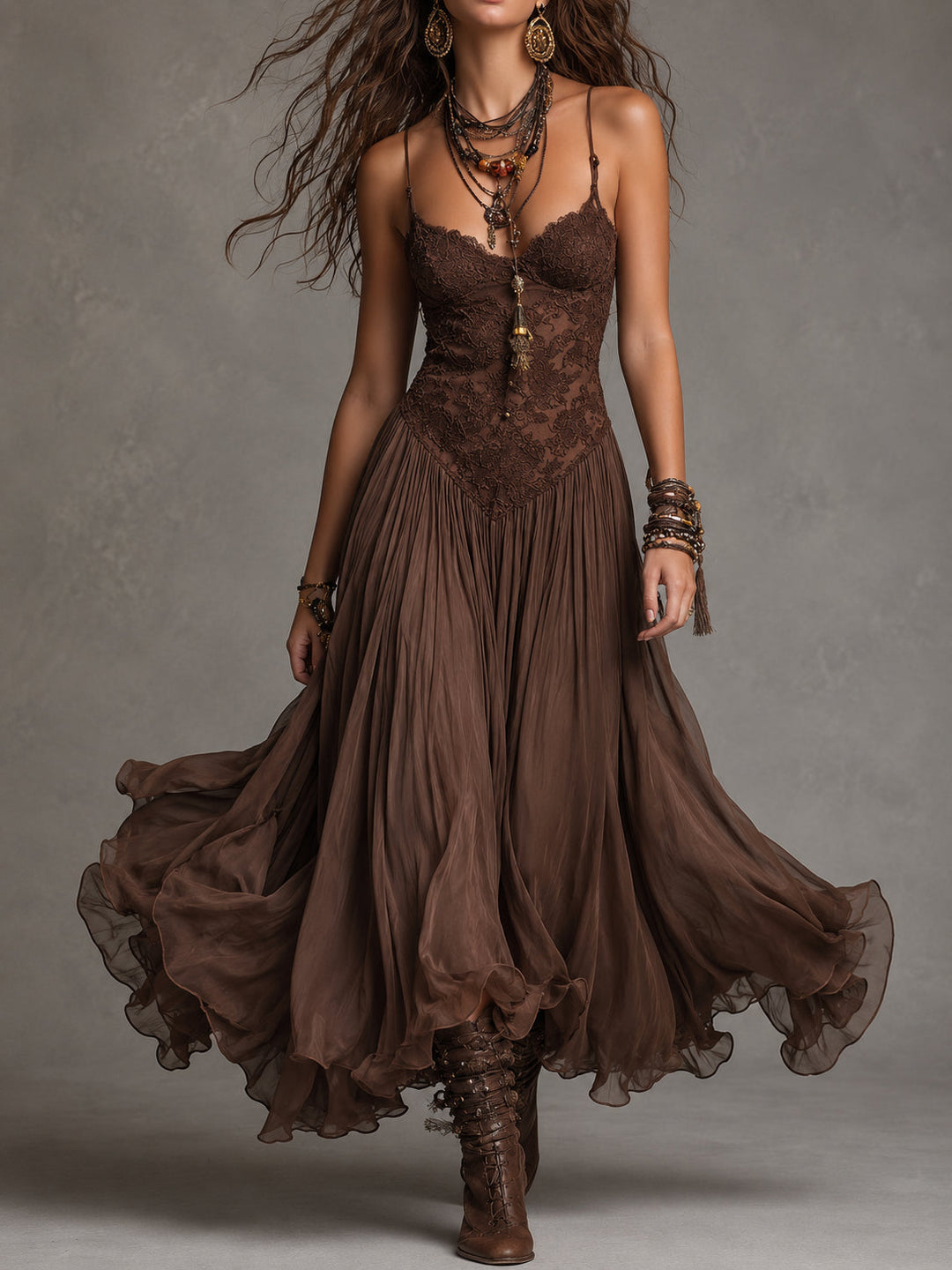 Long Dark Brown Corset Dress with Lace and Chiffon Accents