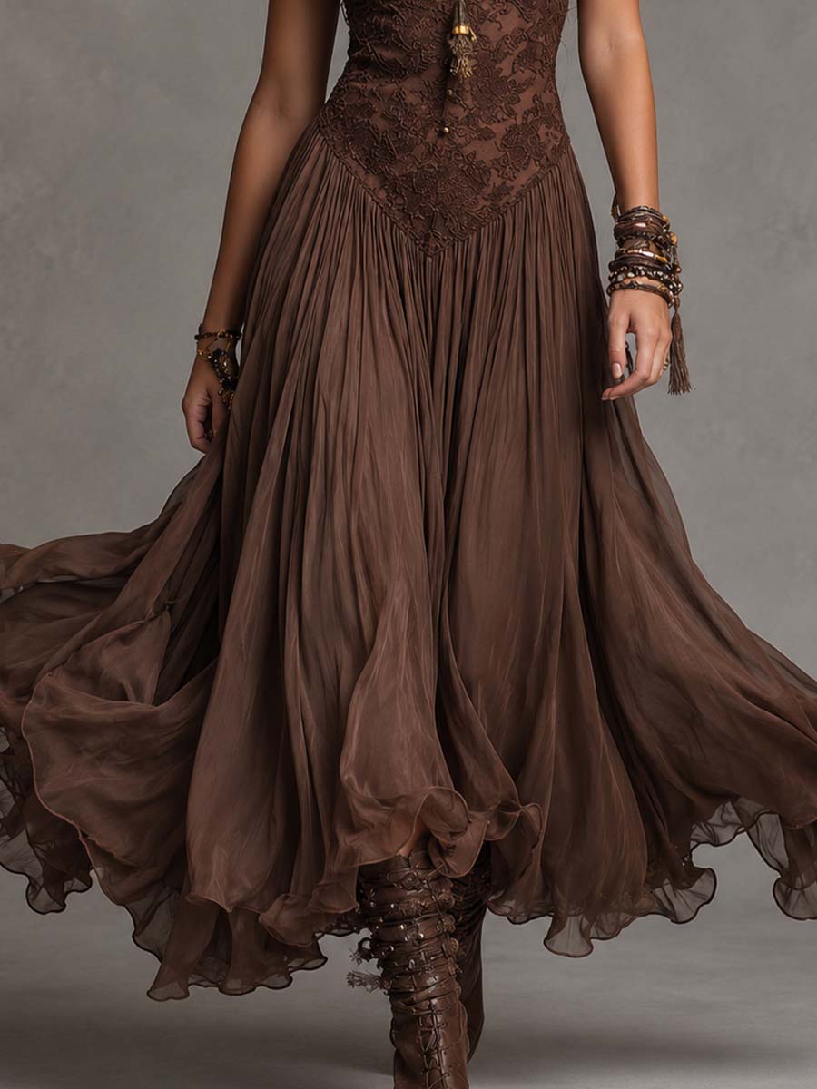 Long Dark Brown Corset Dress with Lace and Chiffon Accents