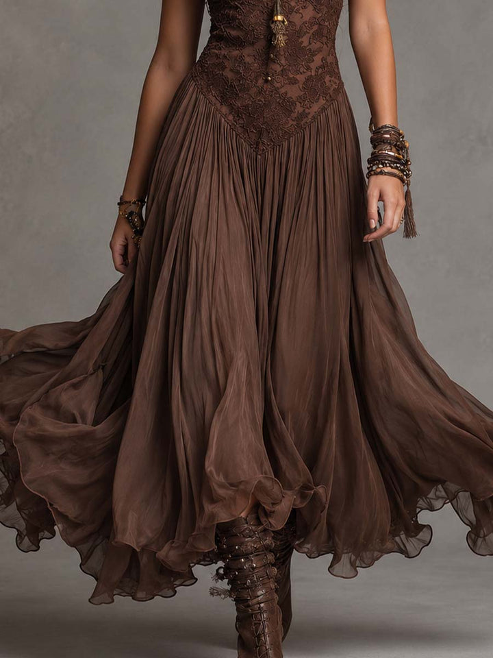 Long Dark Brown Corset Dress with Lace and Chiffon Accents