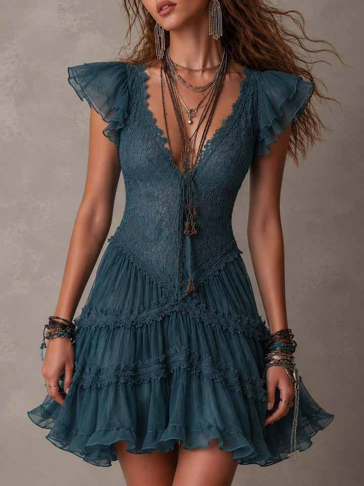 Vintage-Inspired Blue Lace and Satin Flowy Mini Dress