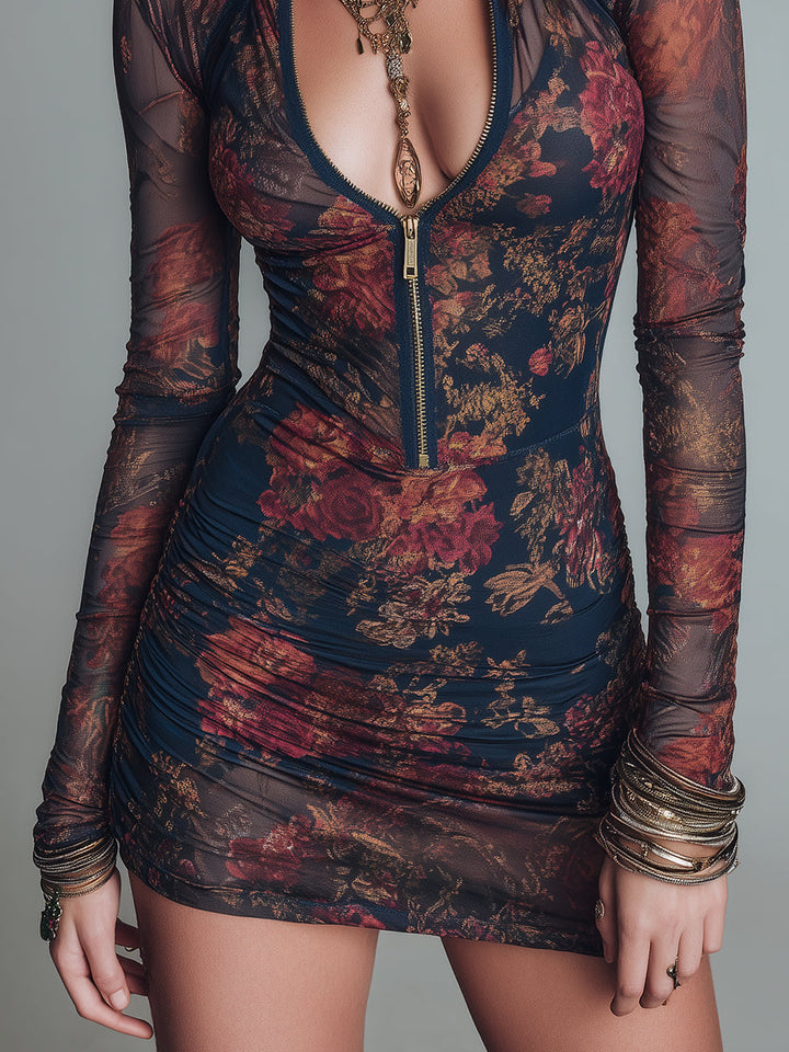 Elegant Comfort Floral Mesh Mini Dress with Front Zip