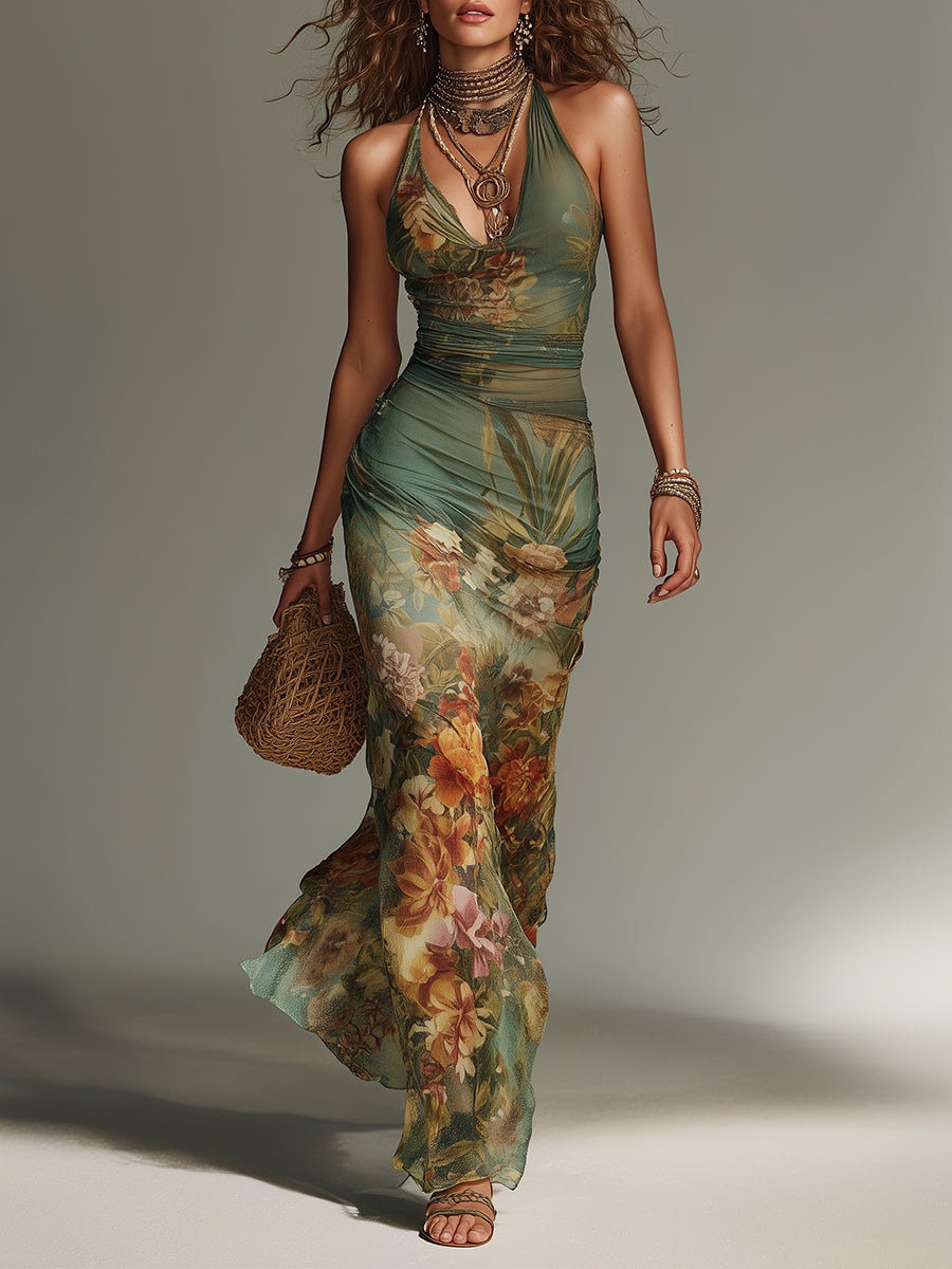 Elegant Maxi Dress with Retro Floral Oil Painting Print