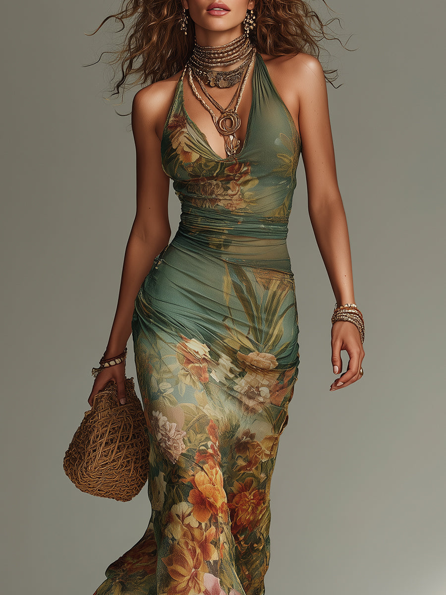 Elegant Maxi Dress with Retro Floral Oil Painting Print