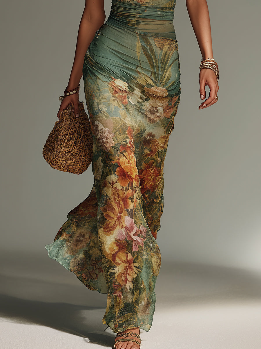 Elegant Maxi Dress with Retro Floral Oil Painting Print
