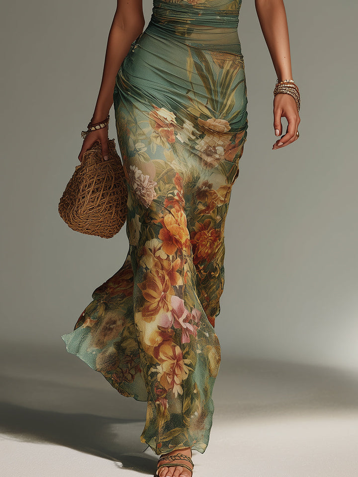 Elegant Maxi Dress with Retro Floral Oil Painting Print