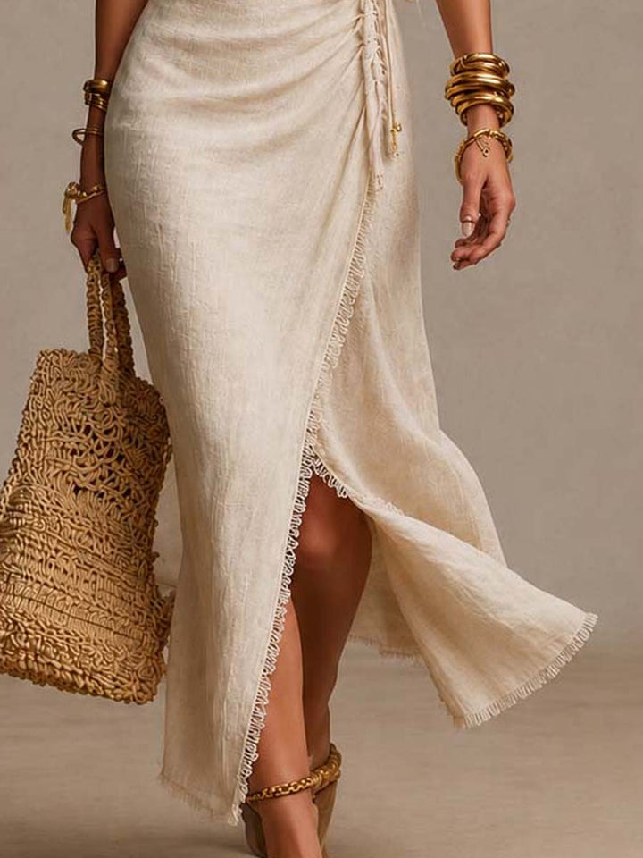 Natural Linen Midi Dress with Elegant Stitching and Lace Details