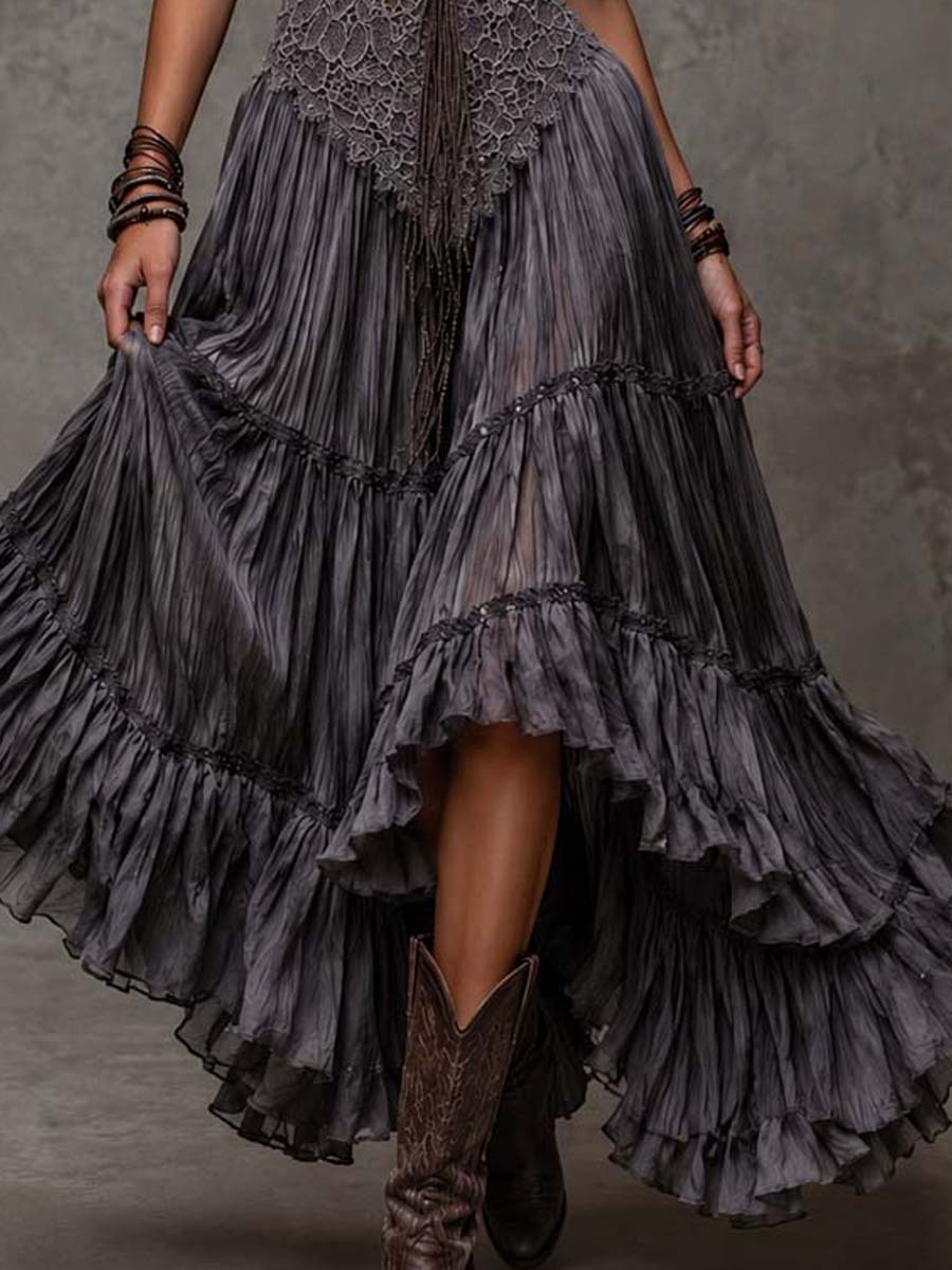 Dark Grey Maxi Dress with Lace Bodice and Layered Design