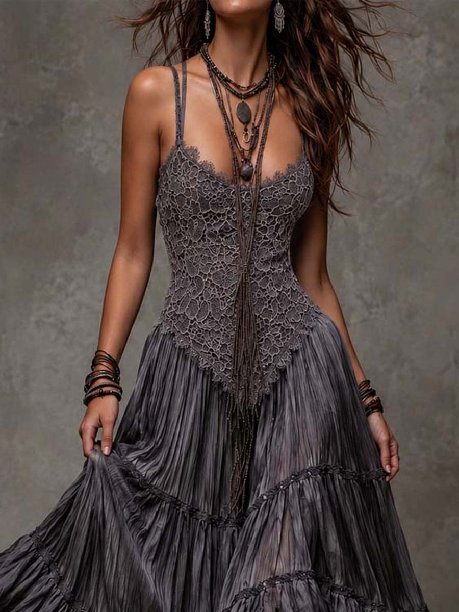 Dark Grey Maxi Dress with Lace Bodice and Layered Design