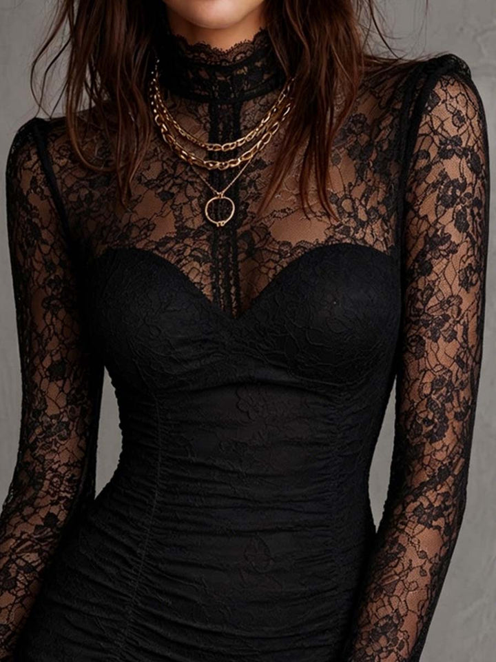 Retro Black Floral Lace Bodycon Dress with High Neck