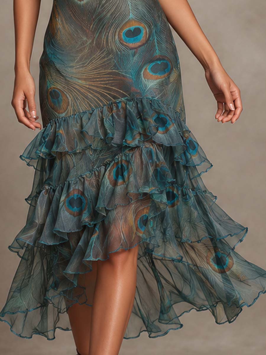 Vintage-Inspired Peacock Print Chiffon Halter Midi Dress with Layered Ruffles