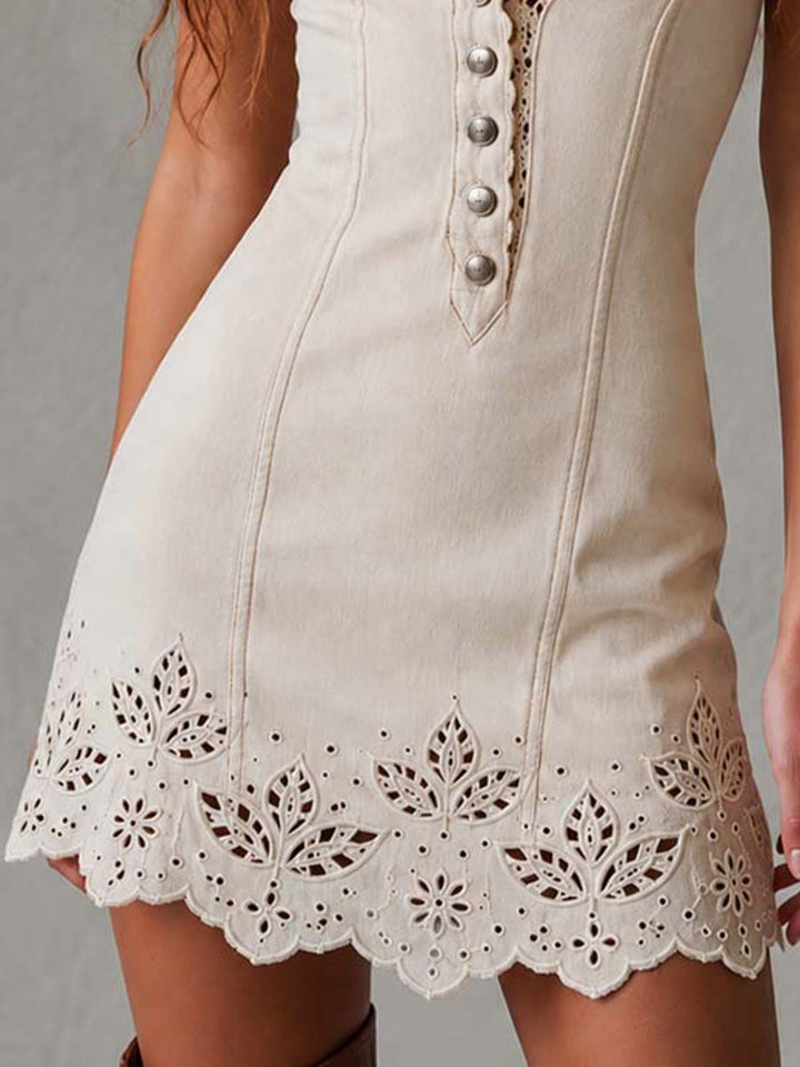 Vintage-Style Pure Cotton Mini Dress with Cutwork Embroidery at Hem