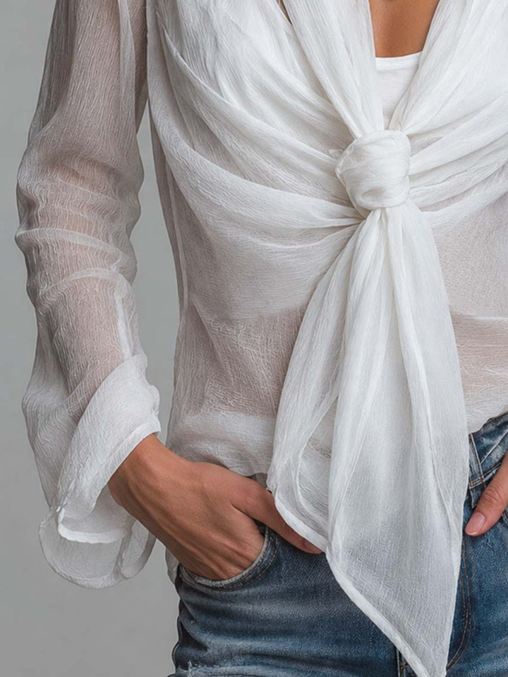 Sheer Pleated Satin Blouse with Front Tie and Long Sleeves