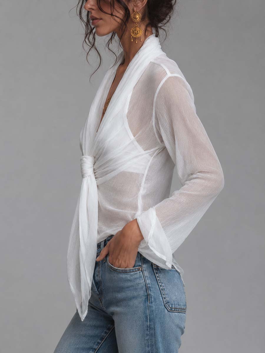 Sheer Pleated Satin Blouse with Front Tie and Long Sleeves