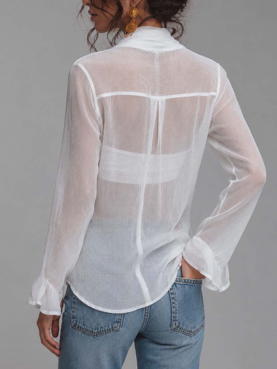 Sheer Pleated Satin Blouse with Front Tie and Long Sleeves