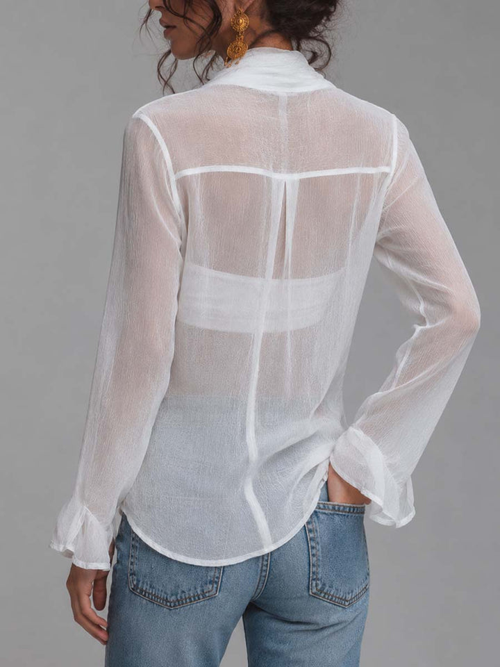 Sheer Pleated Satin Blouse with Front Tie and Long Sleeves