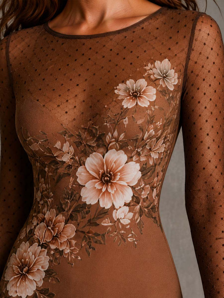 Vintage Floral Polka Dot Mesh Long Sleeve Midi Bodycon Dress