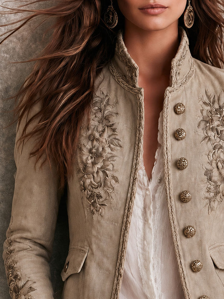 Vintage Beige Jacket with Stand Collar and Floral Embroidery