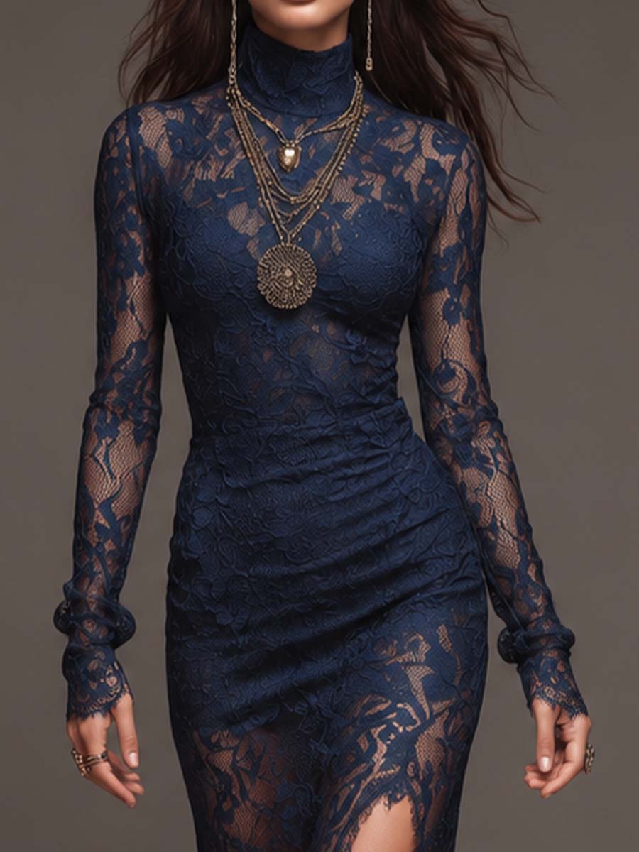 Chic Bohemian Midi Bodycon Dress with High Neck, Long Sleeves, and Floral Lace Split Detail