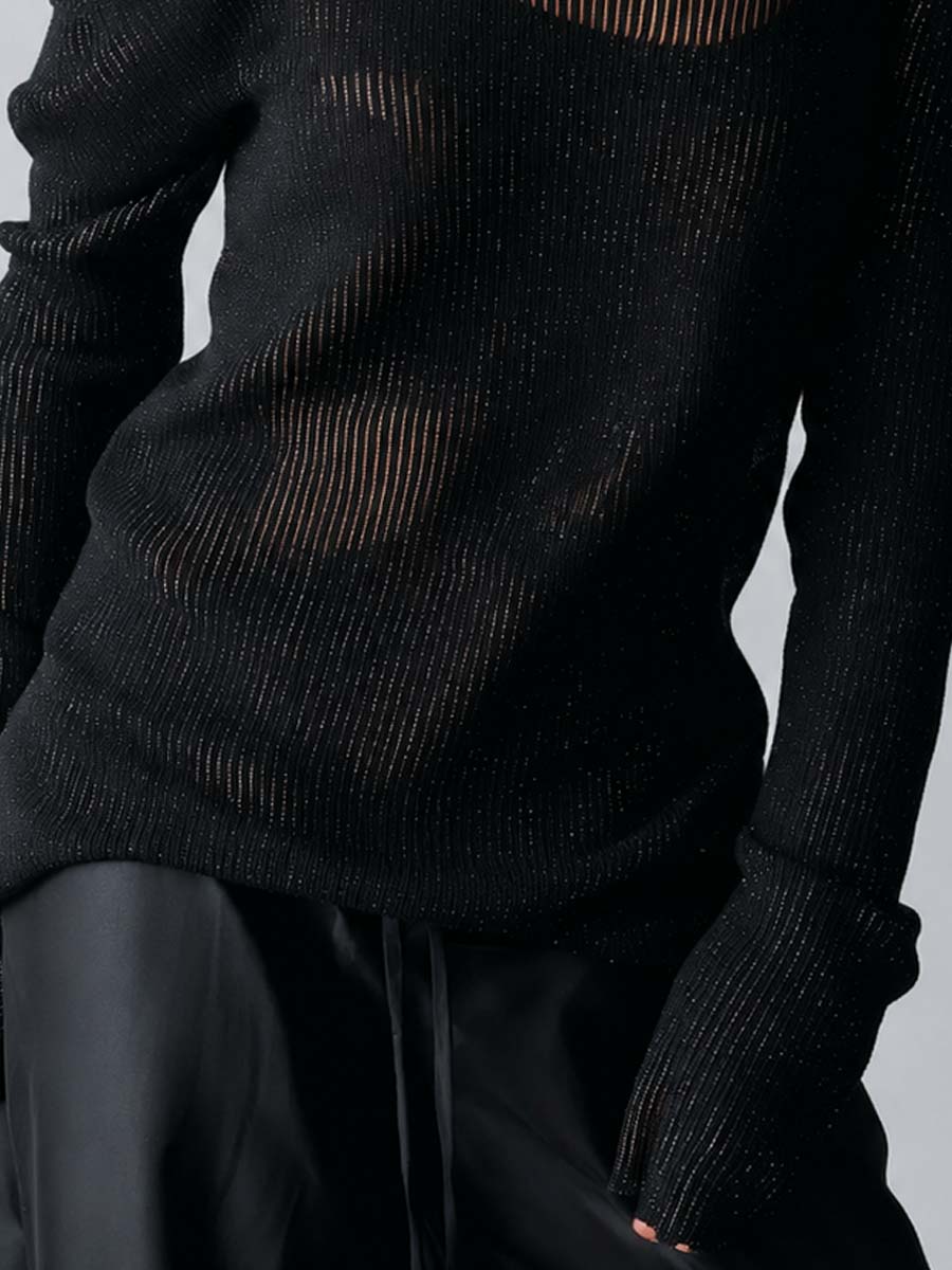 Black Shine Asymmetric Off-Shoulder Top with Transparent Rib and Double Thin Stripes