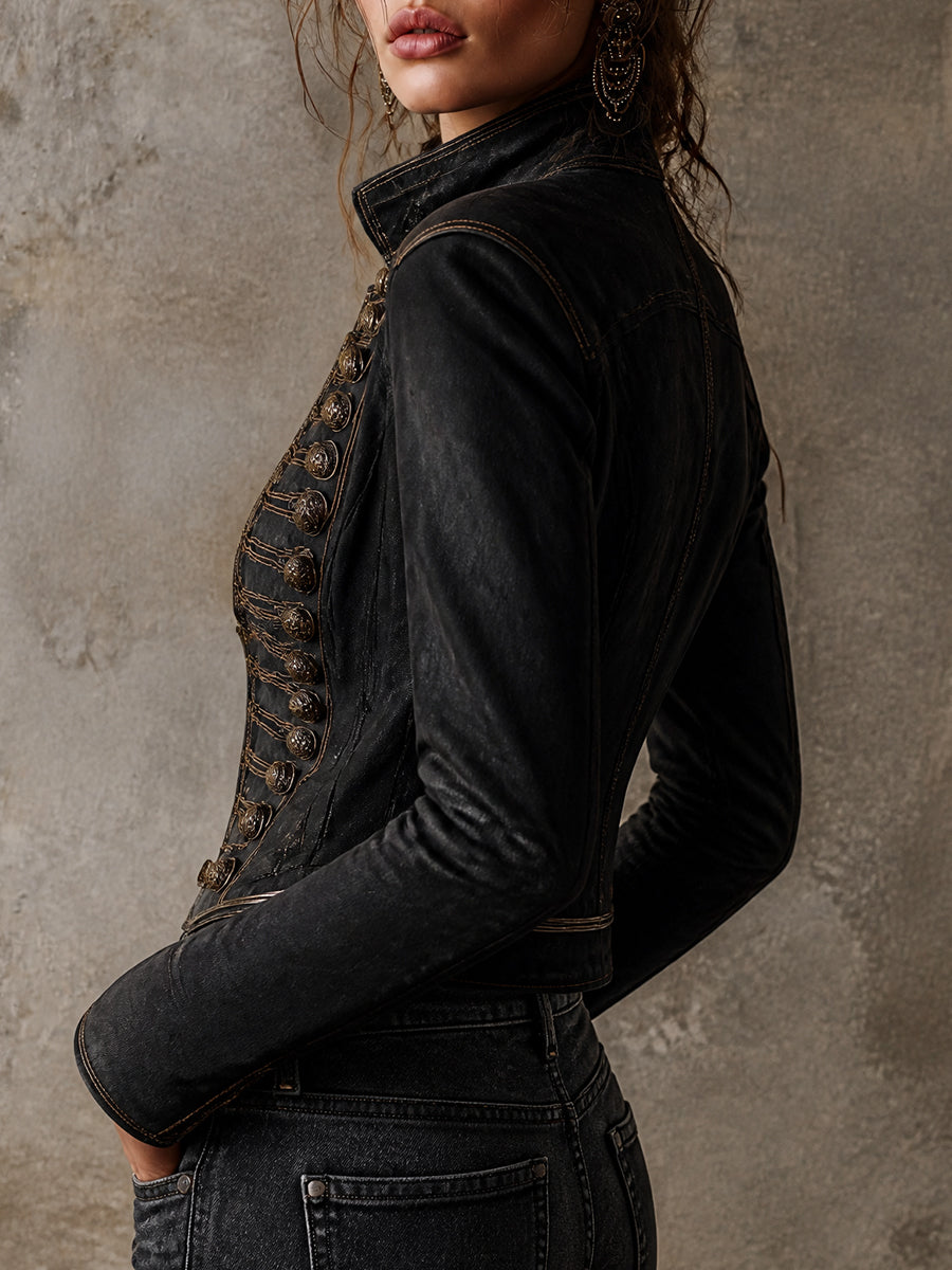 Retro Military-Inspired Faux Leather Jacket with Gold Accents
