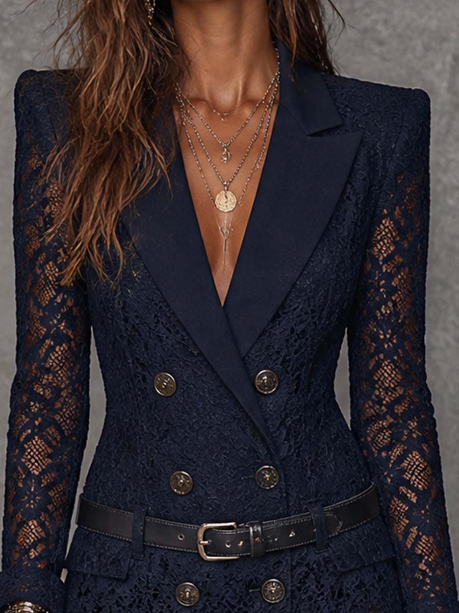 Navy Blue Floral Double-Breasted Jacket with Straps and Long Sleeves, Featuring a Mini Dress Belt