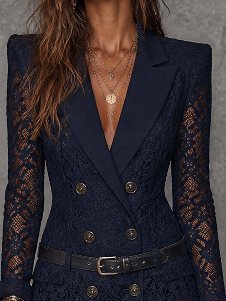 Navy Blue Floral Double-Breasted Jacket with Straps and Long Sleeves, Featuring a Mini Dress Belt