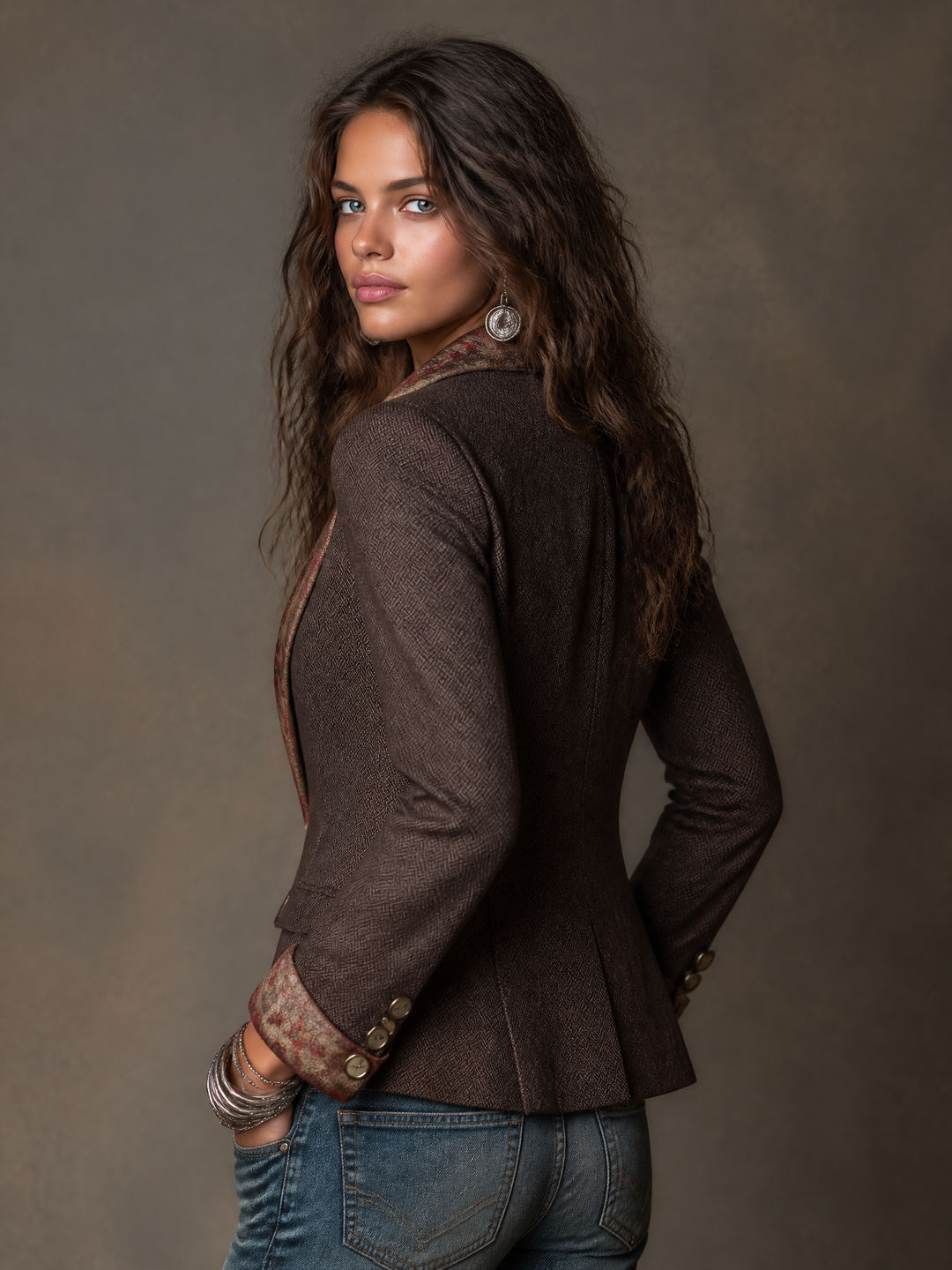 Vintage Herringbone Blazer with Floral Pattern