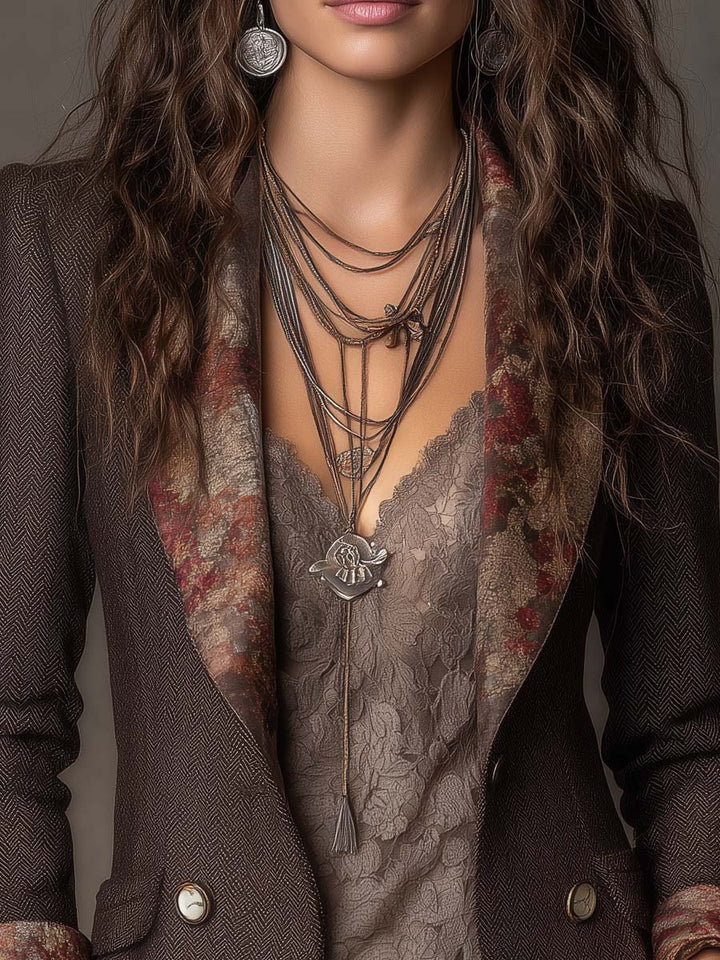 Vintage Herringbone Blazer with Floral Pattern