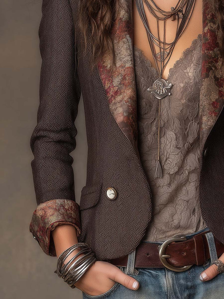 Vintage Herringbone Blazer with Floral Pattern