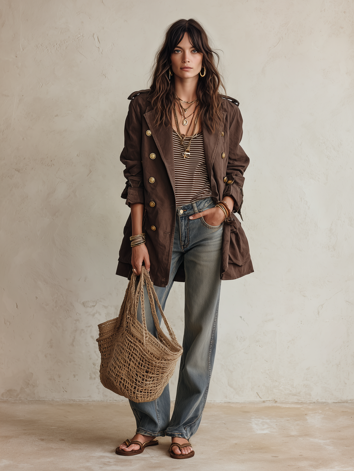 Chic Beige Quilted Double Layer Coat with Chocolate Belt