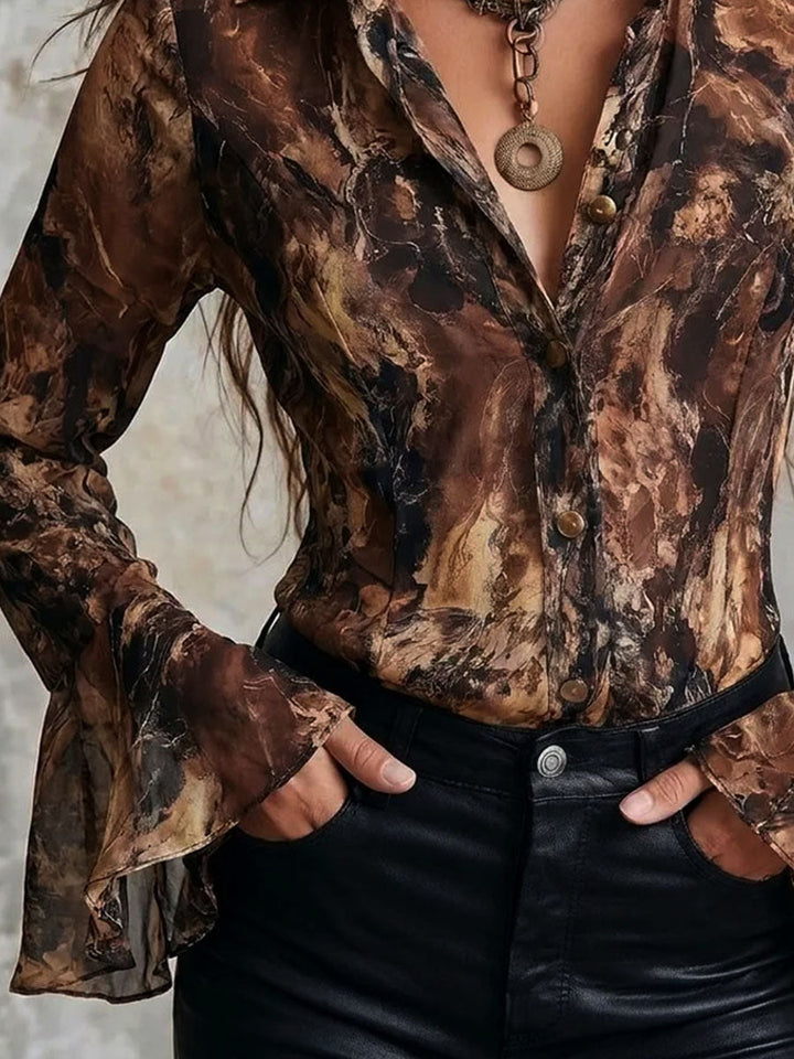 Earthy Toned Satin Blouse with Abstract Print and Puff Sleeves