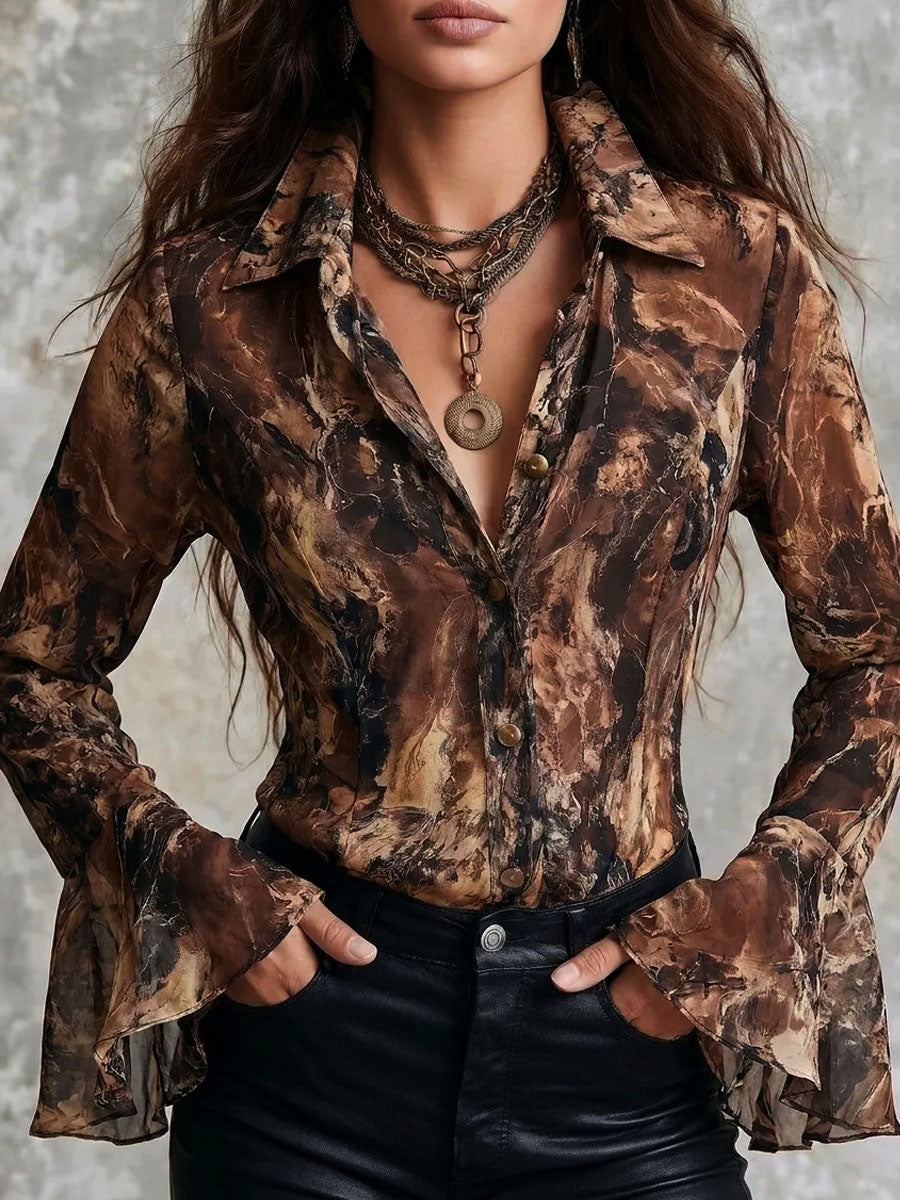 Earthy Toned Satin Blouse with Abstract Print and Puff Sleeves