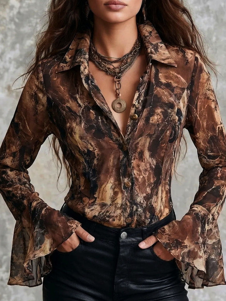 Earthy Toned Satin Blouse with Abstract Print and Puff Sleeves