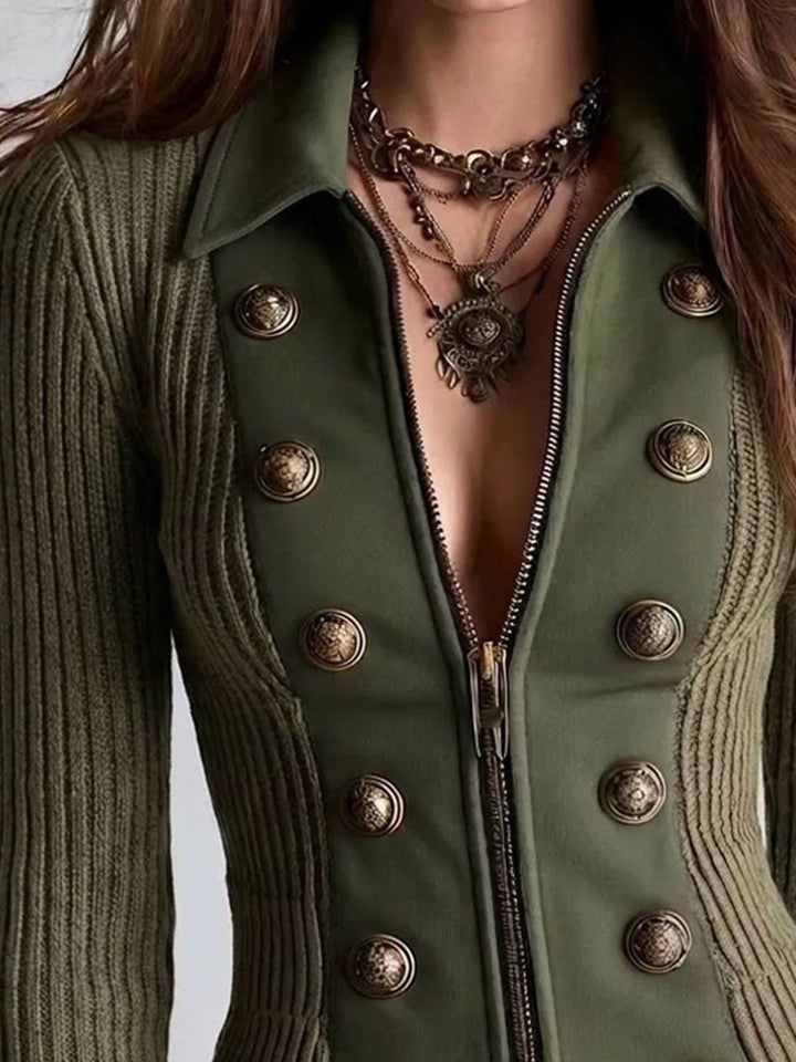 Retro Military Green Brass Decorative Button Cardigan