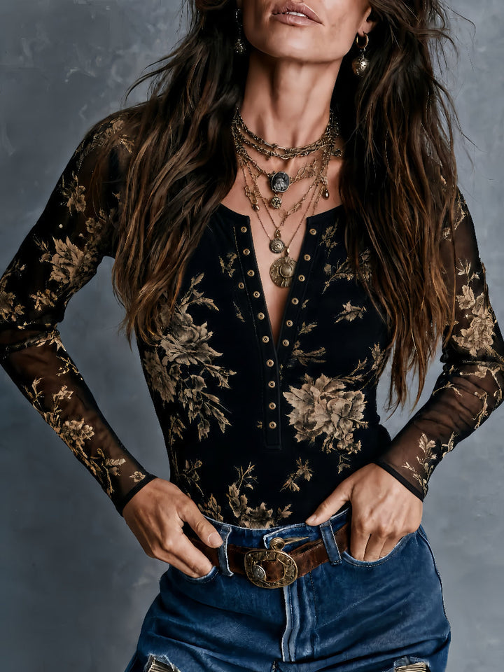 Floral-Print Boho Retro Blouse with Sheer Fabric and Button Front