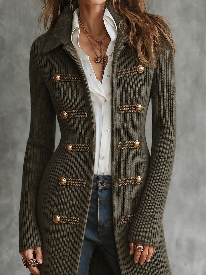Military-Inspired Long Cardigan with Knit Fabric and Decorative Buttons