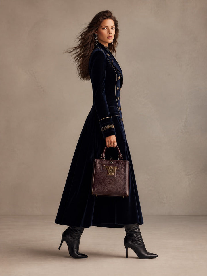 Navy Long Coat with Velvet Sleeves and Double Embroidery, Featuring Elegant Gold Accents