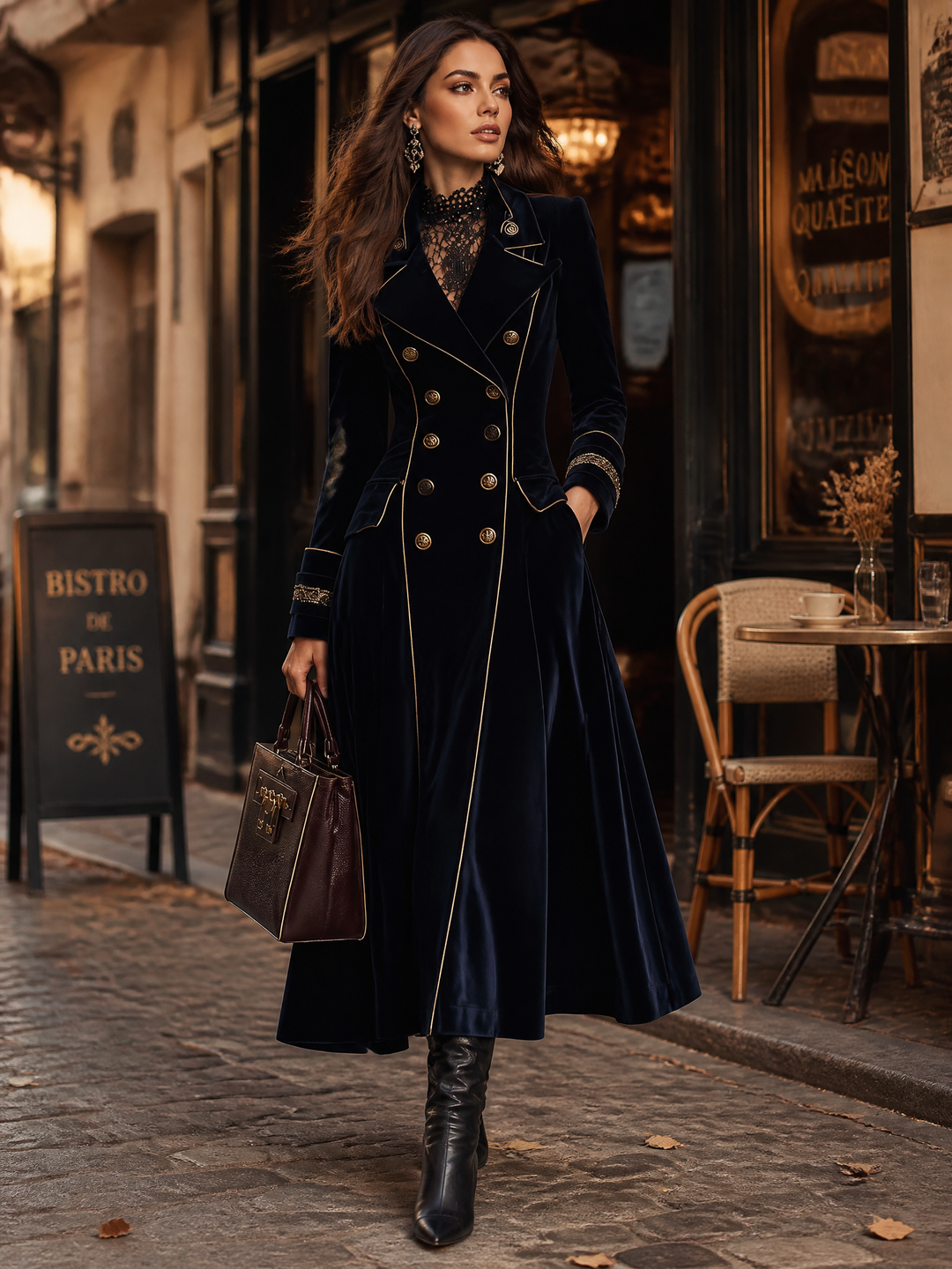 Navy Long Coat with Velvet Sleeves and Double Embroidery, Featuring Elegant Gold Accents
