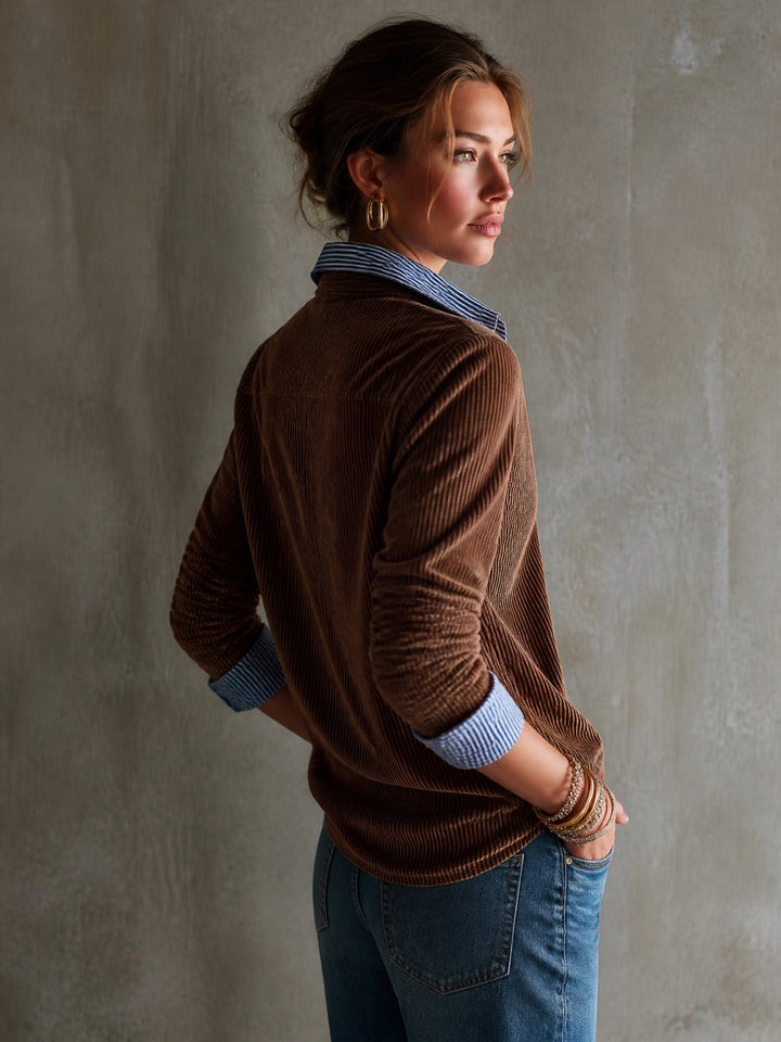 Retro Layered Blouse with Striped Contrast Collar