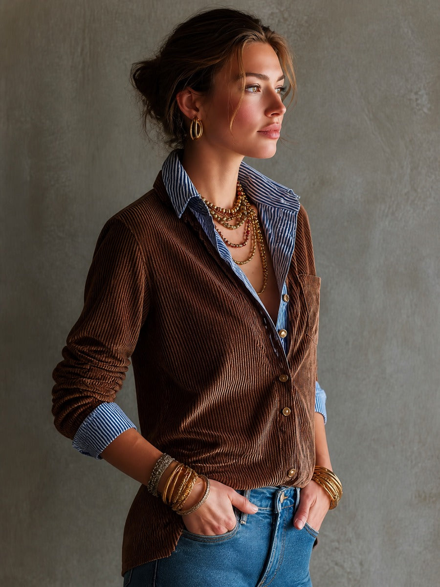 Retro Layered Blouse with Striped Contrast Collar
