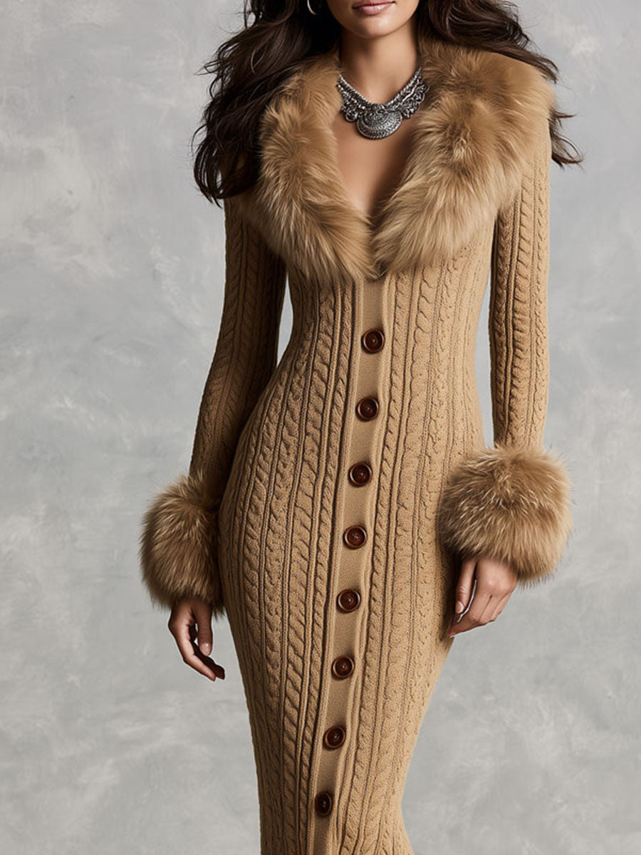 Vintage-Inspired Midi Dress with Camel Faux Leather Accents and Knitted Collar & Cuffs