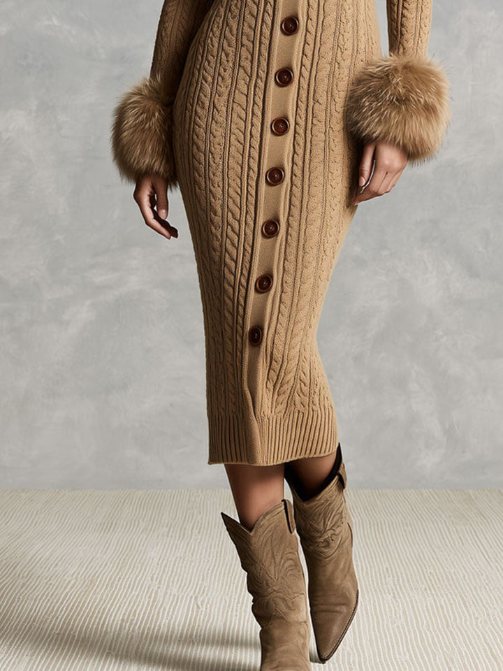 Vintage-Inspired Midi Dress with Camel Faux Leather Accents and Knitted Collar & Cuffs