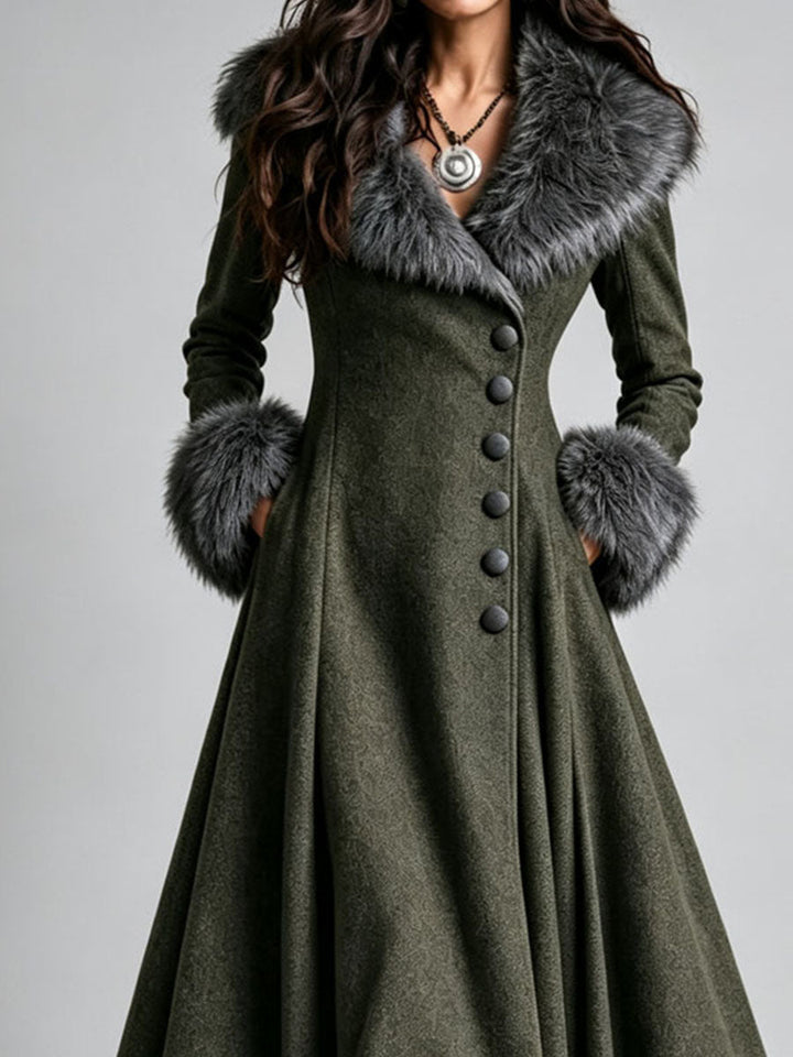 Bohemian Long Coat Dress with Fur Accents and Flared Skirt
