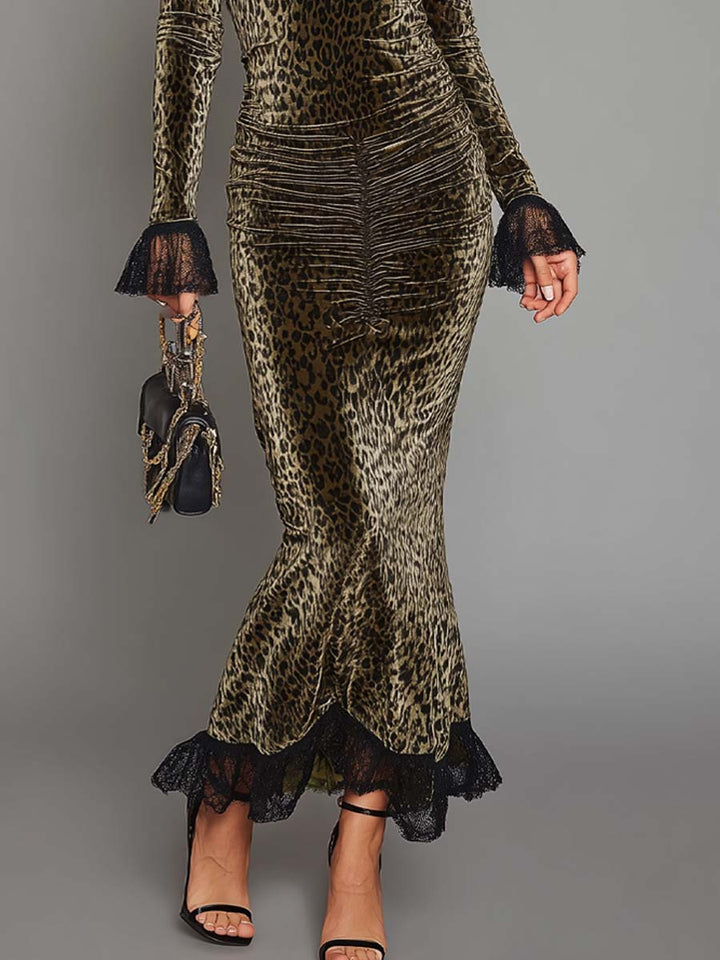 Retro Leopard Print Velvet Maxi Evening Dress